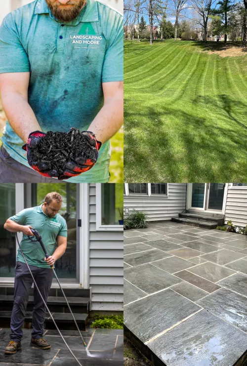 A landscaping professional completing various services