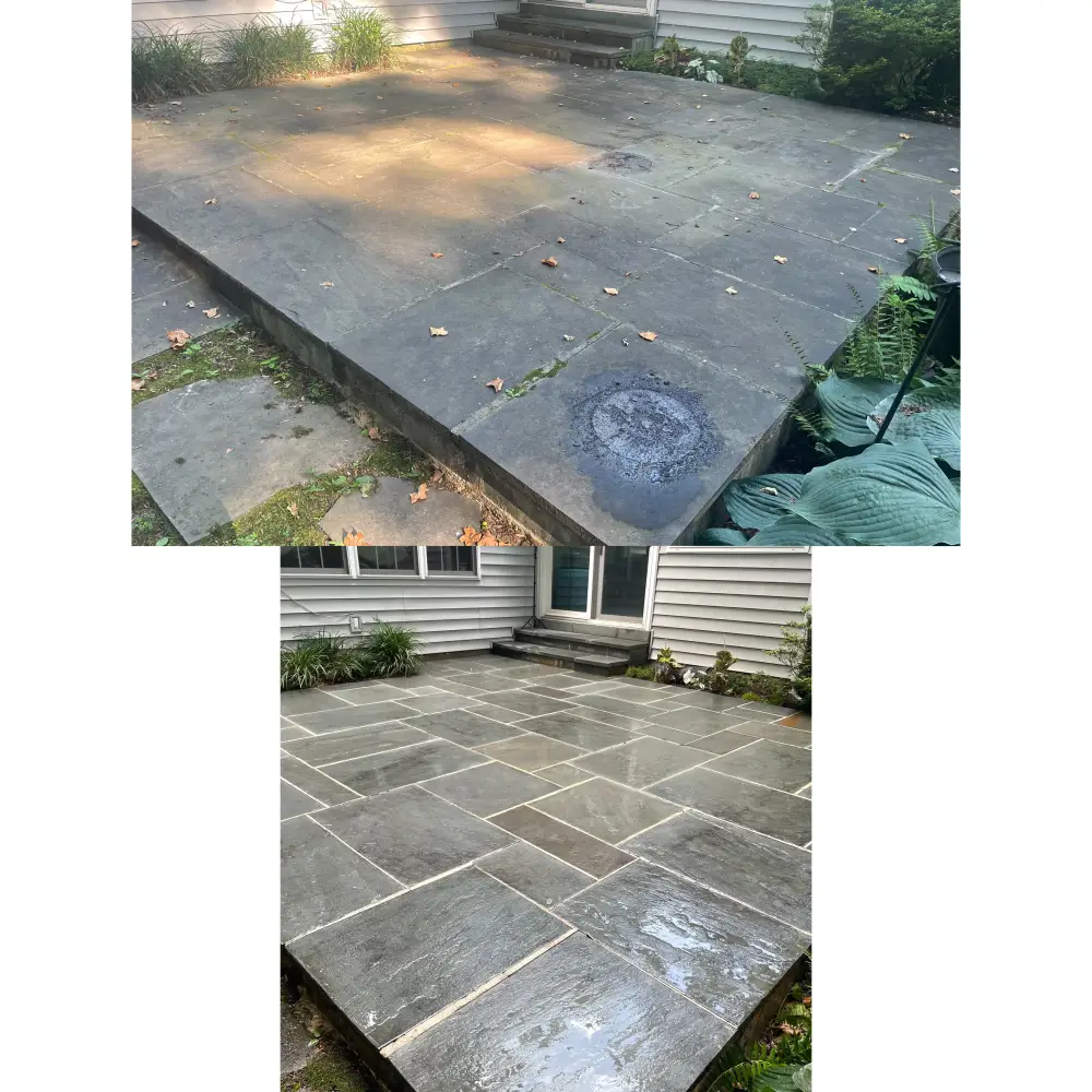 before and after image of a pressure washed sidewalk